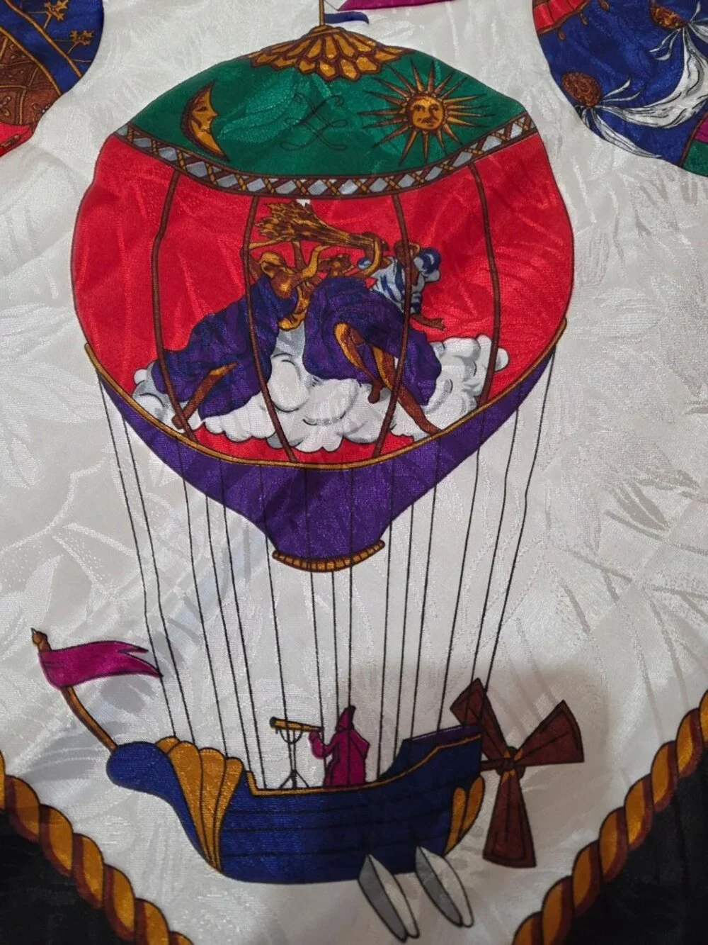 Vintage Hot Air Balloon & Cherub Silk Scarf Black Border White Gold 34